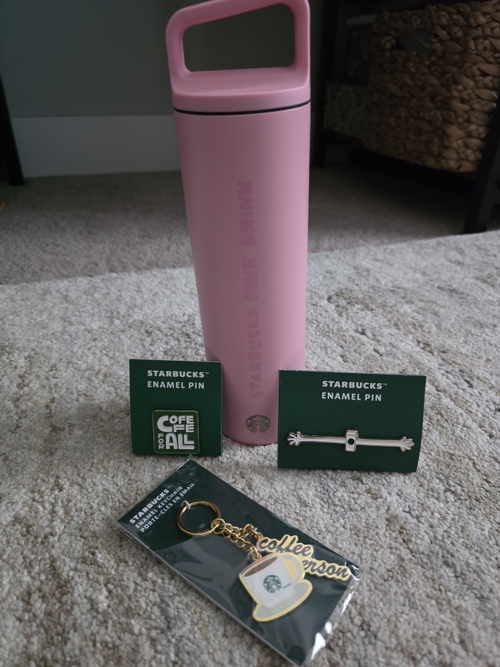 Starbucks Pink Stainless Travel Bottle with Pink Handle and Branded Pins